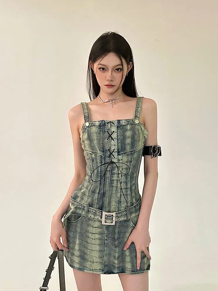 Dania Denim Washed Pattern Wide Strap Lace Up Waist Belt Slim Mini Dress