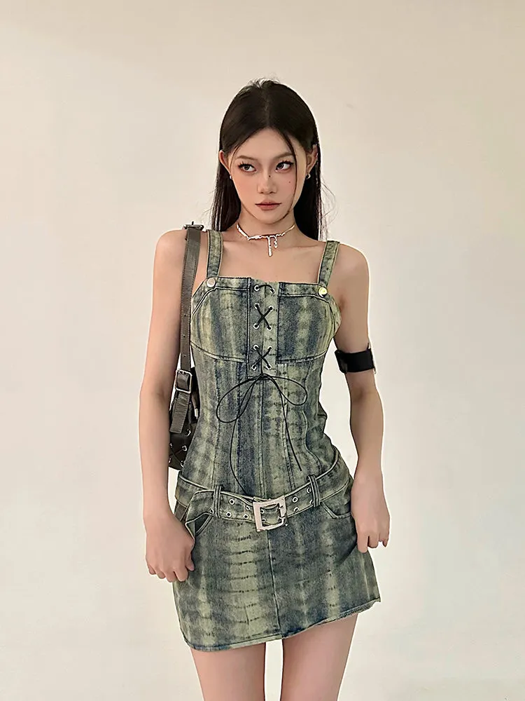 Dania Denim Washed Pattern Wide Strap Lace Up Waist Belt Slim Mini Dress