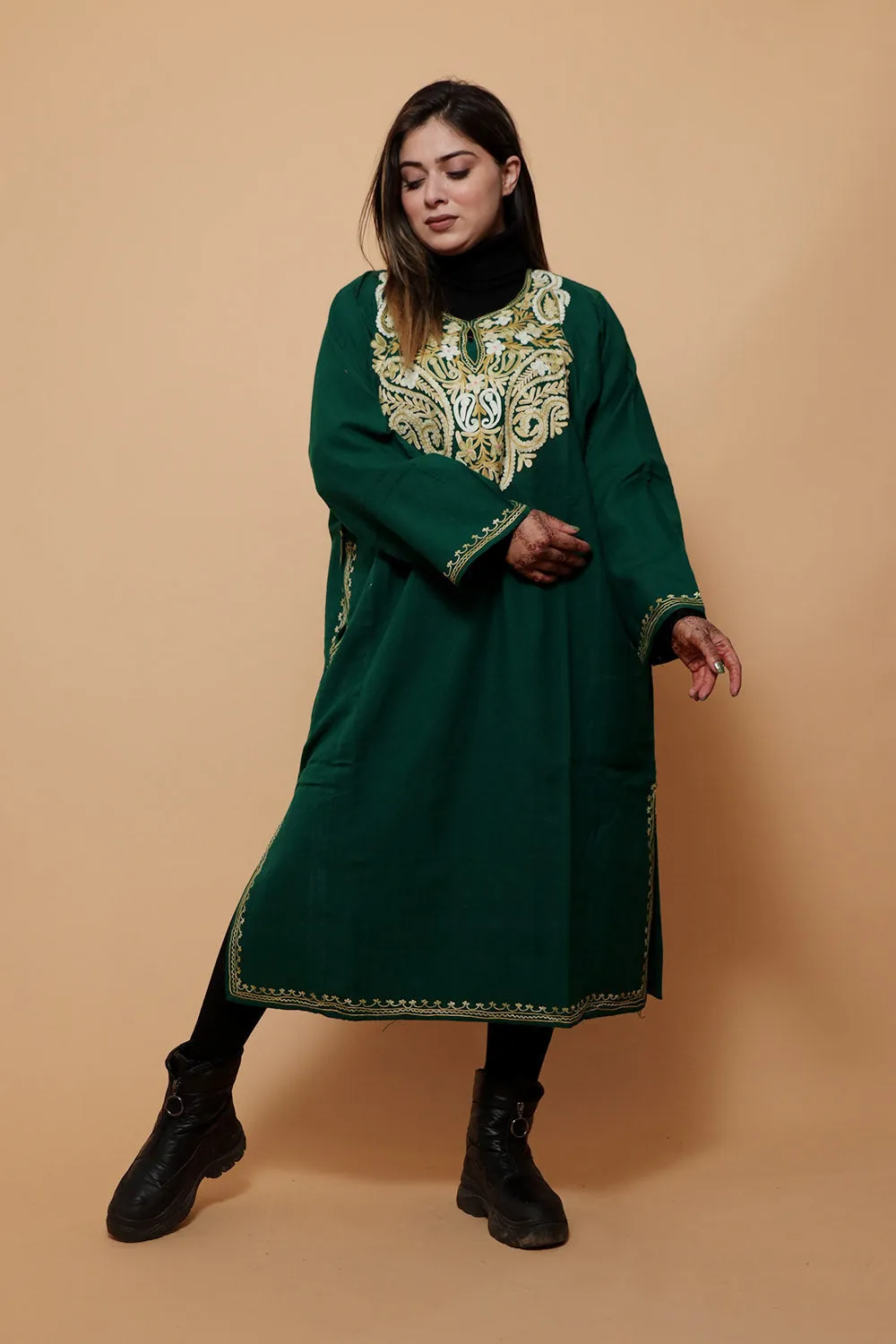 Dark Green Color Aari Work Embroidered Phiran Enriched Designer Neckline Pattern