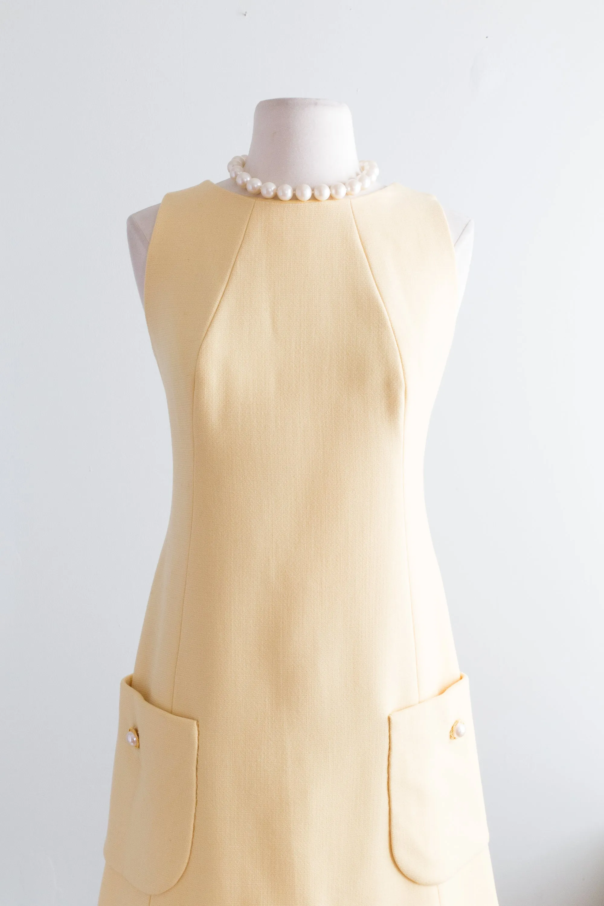 Darling 1960's Buttercup Yellow Shift Dress With Pockets and Buttons / Medium