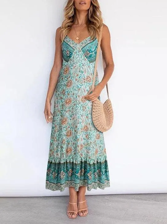 Deep V Neck Sling Floral Print Dress