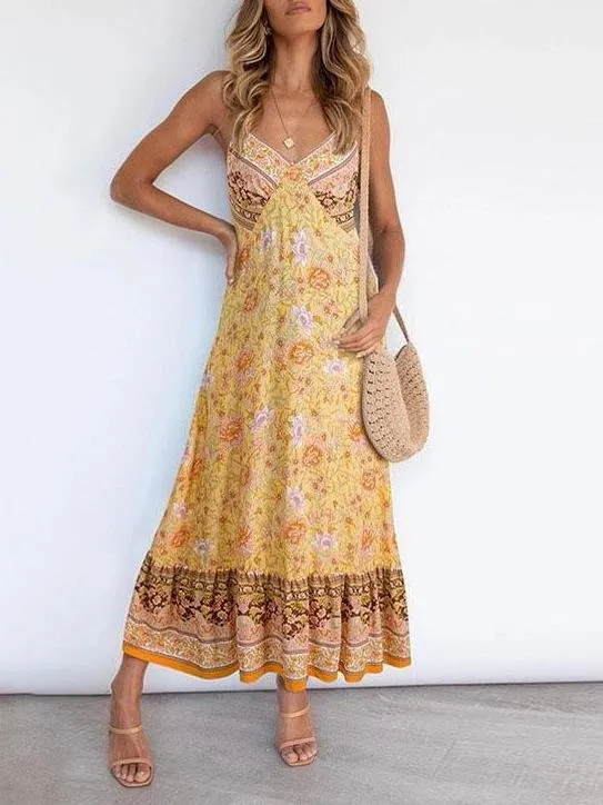 Deep V Neck Sling Floral Print Dress