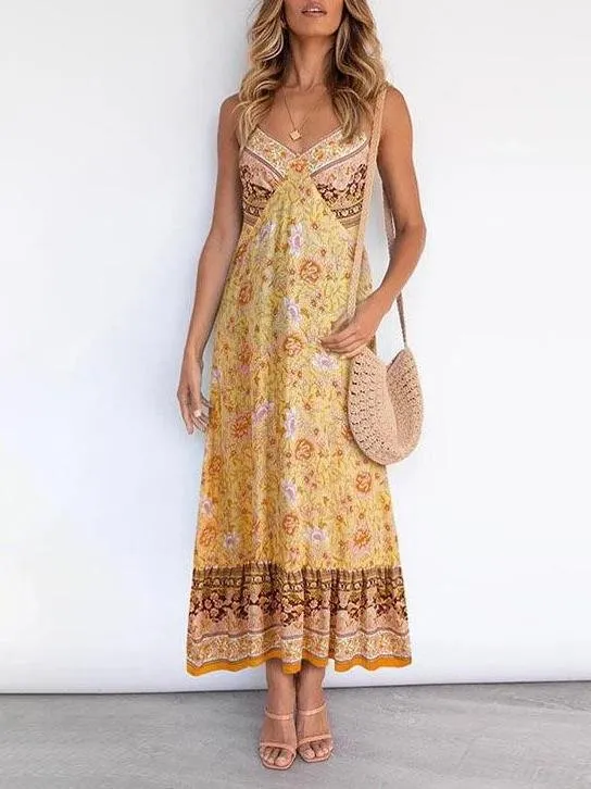 Deep V Neck Sling Floral Print Dress