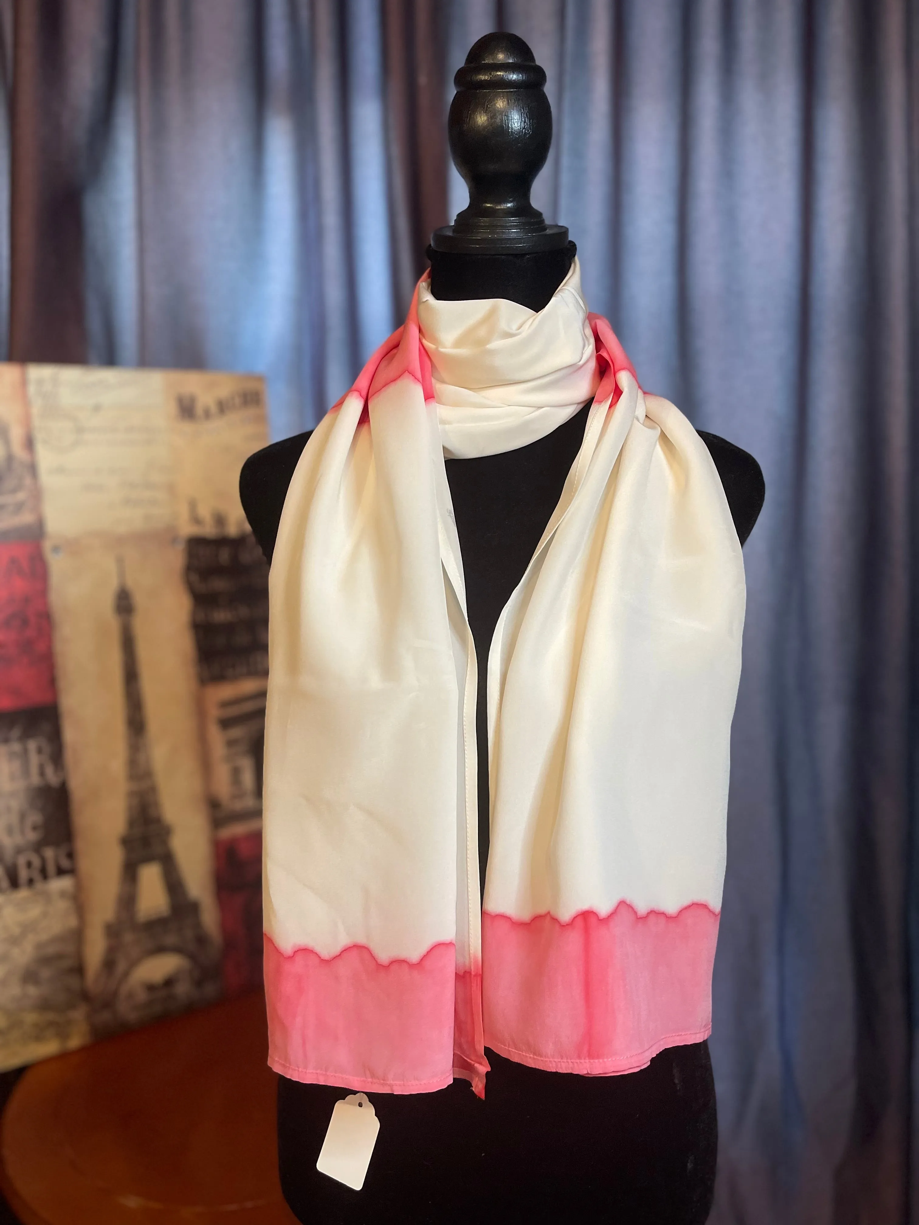 Designer, Vintage Tricky Threads Pink and whilte oblong silk scarf