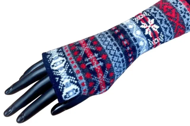 Fair Isle Knit Lambswool Wrist Warmers - Red & Navy