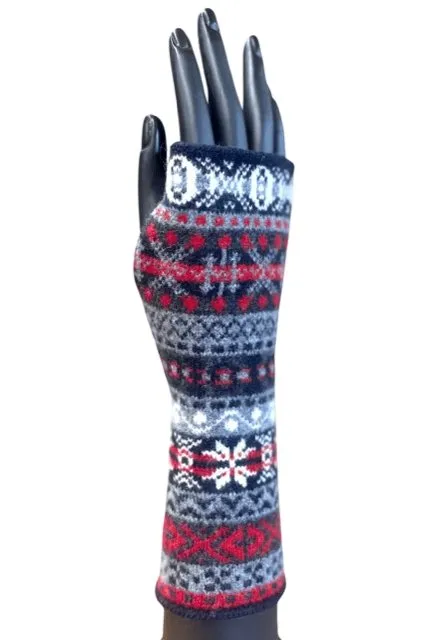 Fair Isle Knit Lambswool Wrist Warmers - Red & Navy