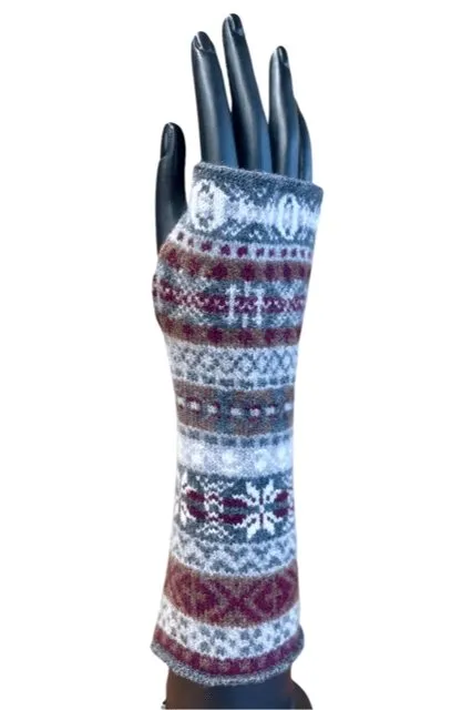 Fair Isle Knit Lambswool Wrist Warmers - Silver Grey