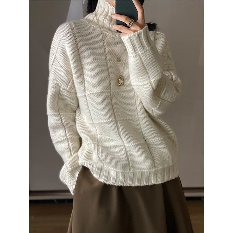 Fashionkova  High-Neck Thick Cashmere Sweater Women Loose Korean Style Lazy Autumn Winter New Wool Knitted Sweater Turtleneck Pullover Female