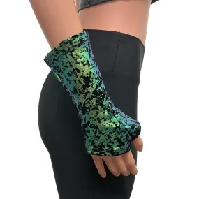 Fingerless Gloves in Green on Black Gilded Velvet Spandex