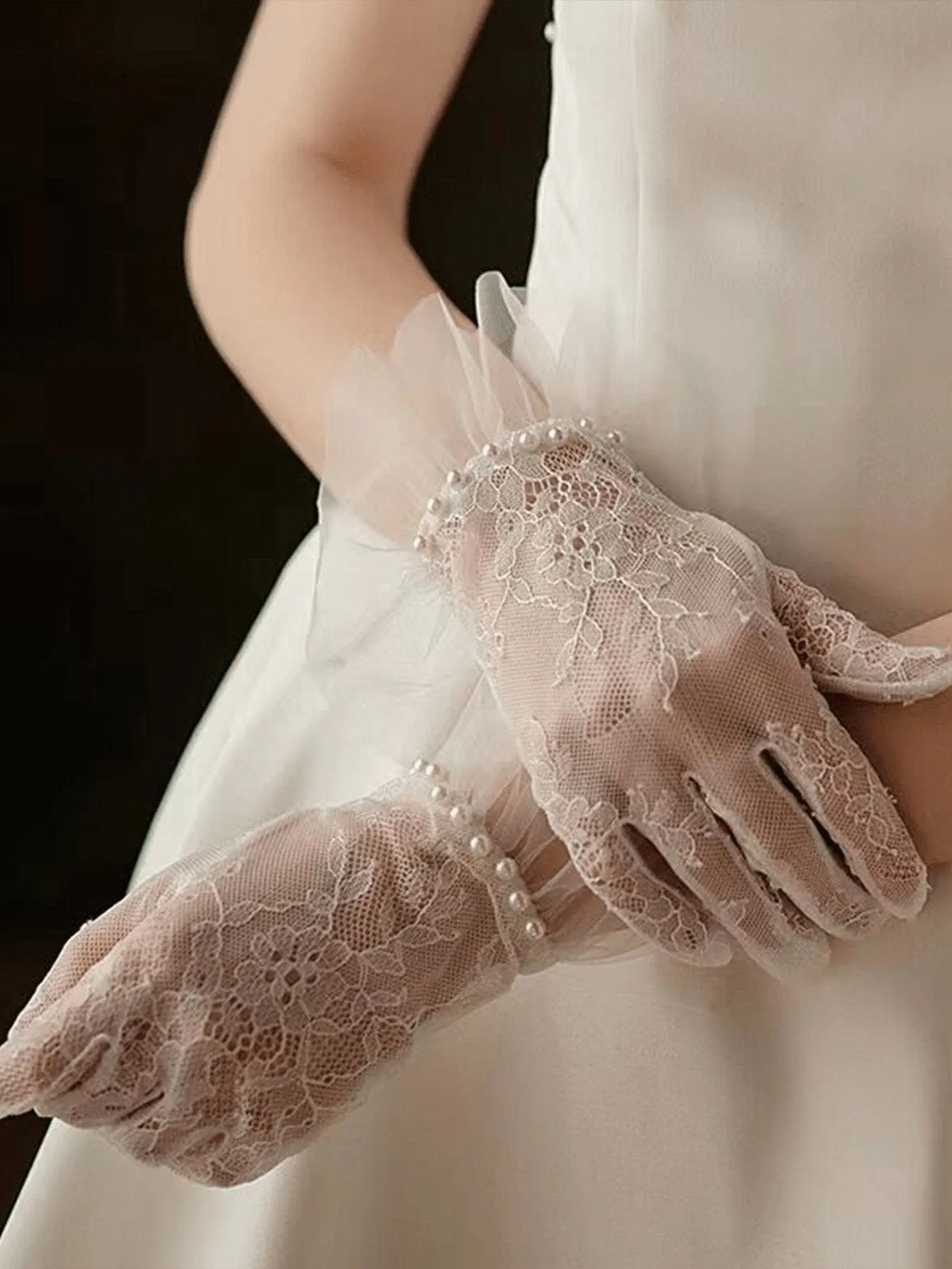 Floral Lace Pearl Decor Gloves