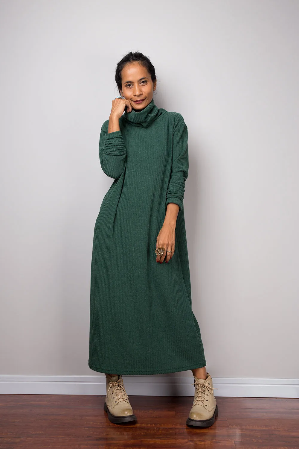 Forrest green dress, Mid length turtleneck dress, Tube dress, Long sleeve dress, knitted green dress