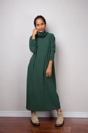 Forrest green dress, Mid length turtleneck dress, Tube dress, Long sleeve dress, knitted green dress