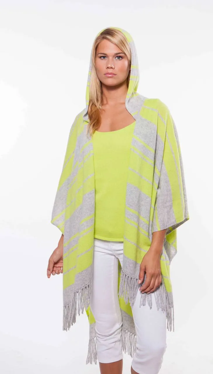 Fringe Hooded Stripe Ruana - Day Glow & Ash