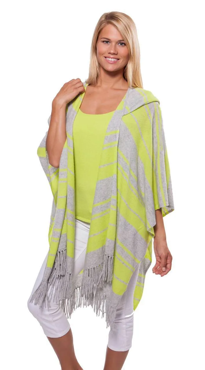 Fringe Hooded Stripe Ruana - Day Glow & Ash