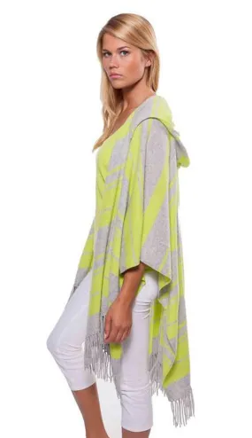 Fringe Hooded Stripe Ruana - Day Glow & Ash