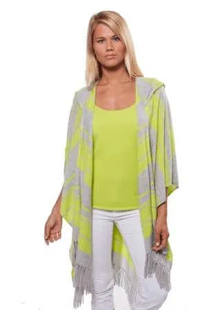 Fringe Hooded Stripe Ruana - Day Glow & Ash