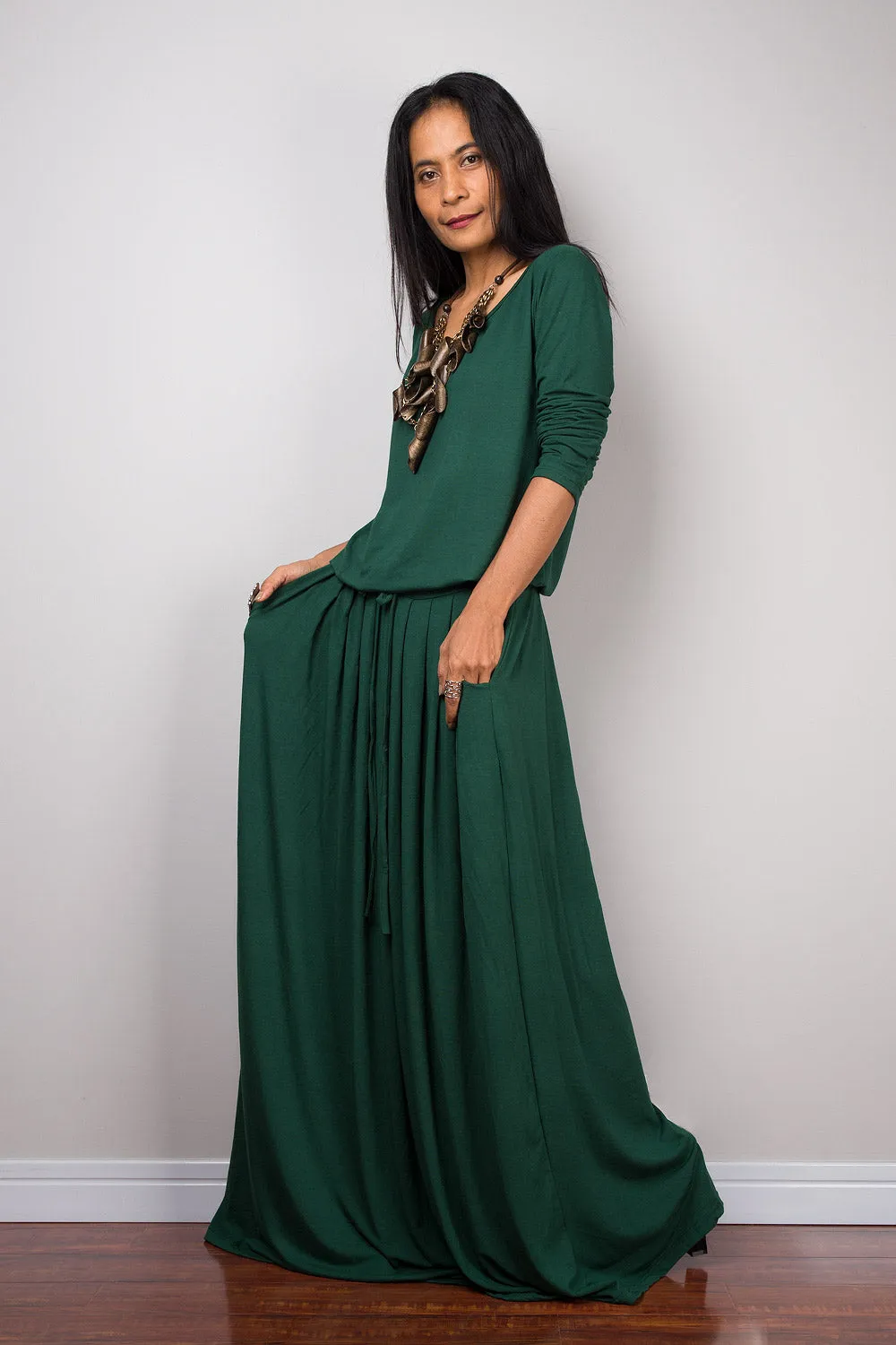 Green maxi dress, long sleeve green dress with pockets : Autumn Thrills Collection No.1s  (Best Seller)