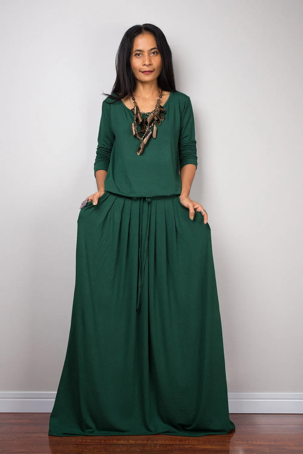 Green maxi dress, long sleeve green dress with pockets : Autumn Thrills Collection No.1s  (Best Seller)