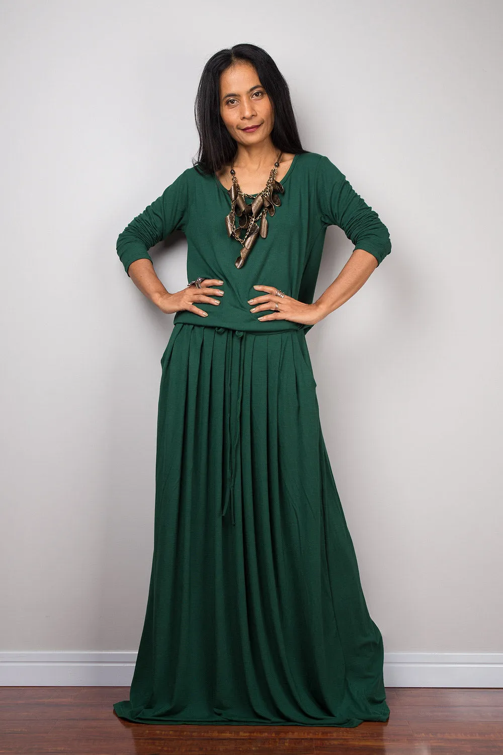 Green maxi dress, long sleeve green dress with pockets : Autumn Thrills Collection No.1s  (Best Seller)