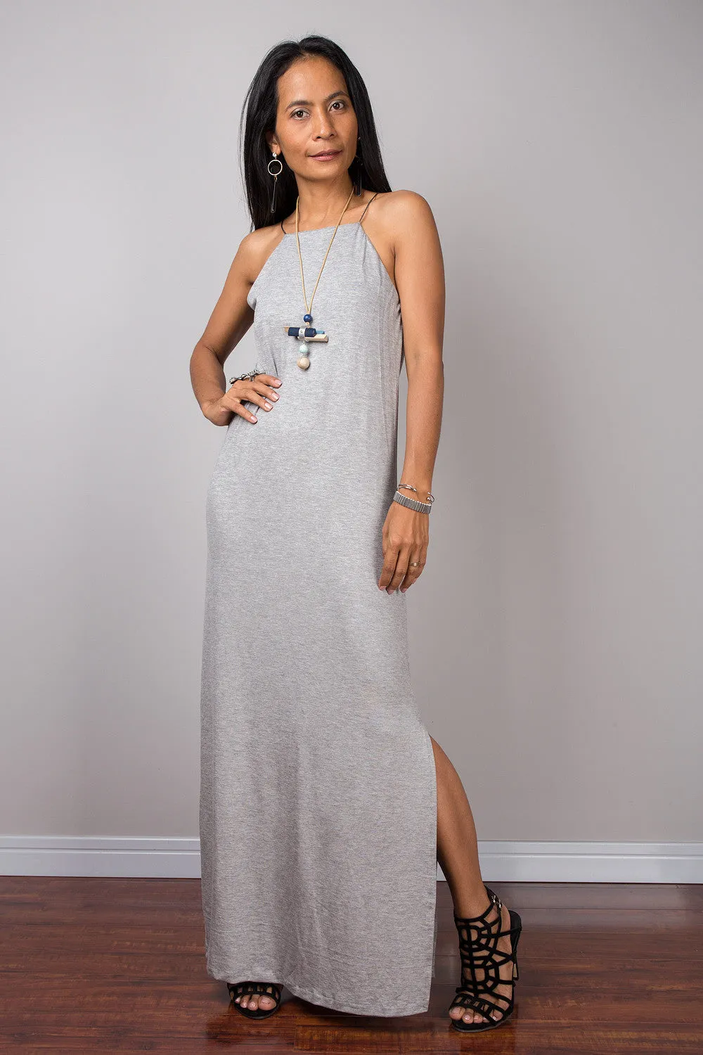 Grey dress, Spaghetti halter dress, summer dress, maxi dress, sleeveless dress, long grey dress, split dress, tube dress