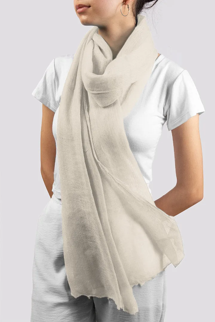 Handwoven Pure Cashmere Scarf Shawl in Off-White