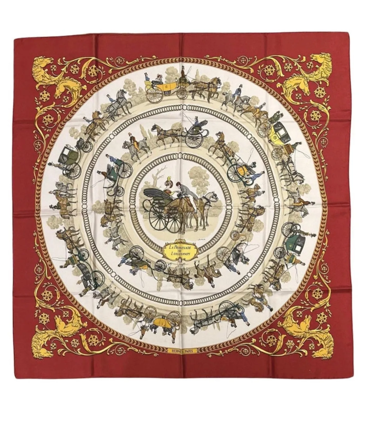 Hermes La Promenade de Longchamps Scarf in red c.1960s