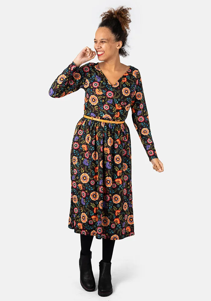 Indy Winter Folk Floral Print Midi Dress