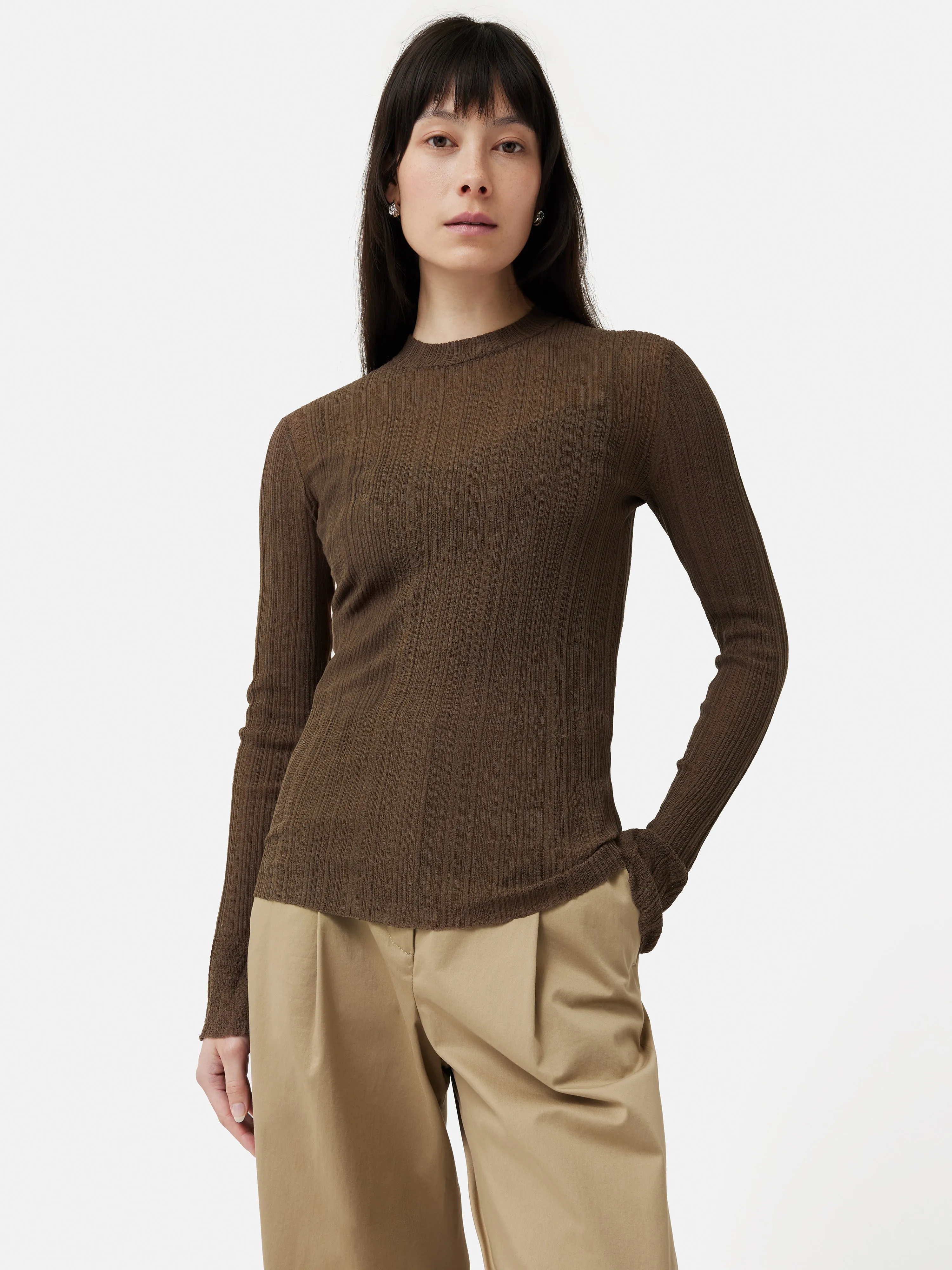 Irregular Plisse Crew Top | Brown