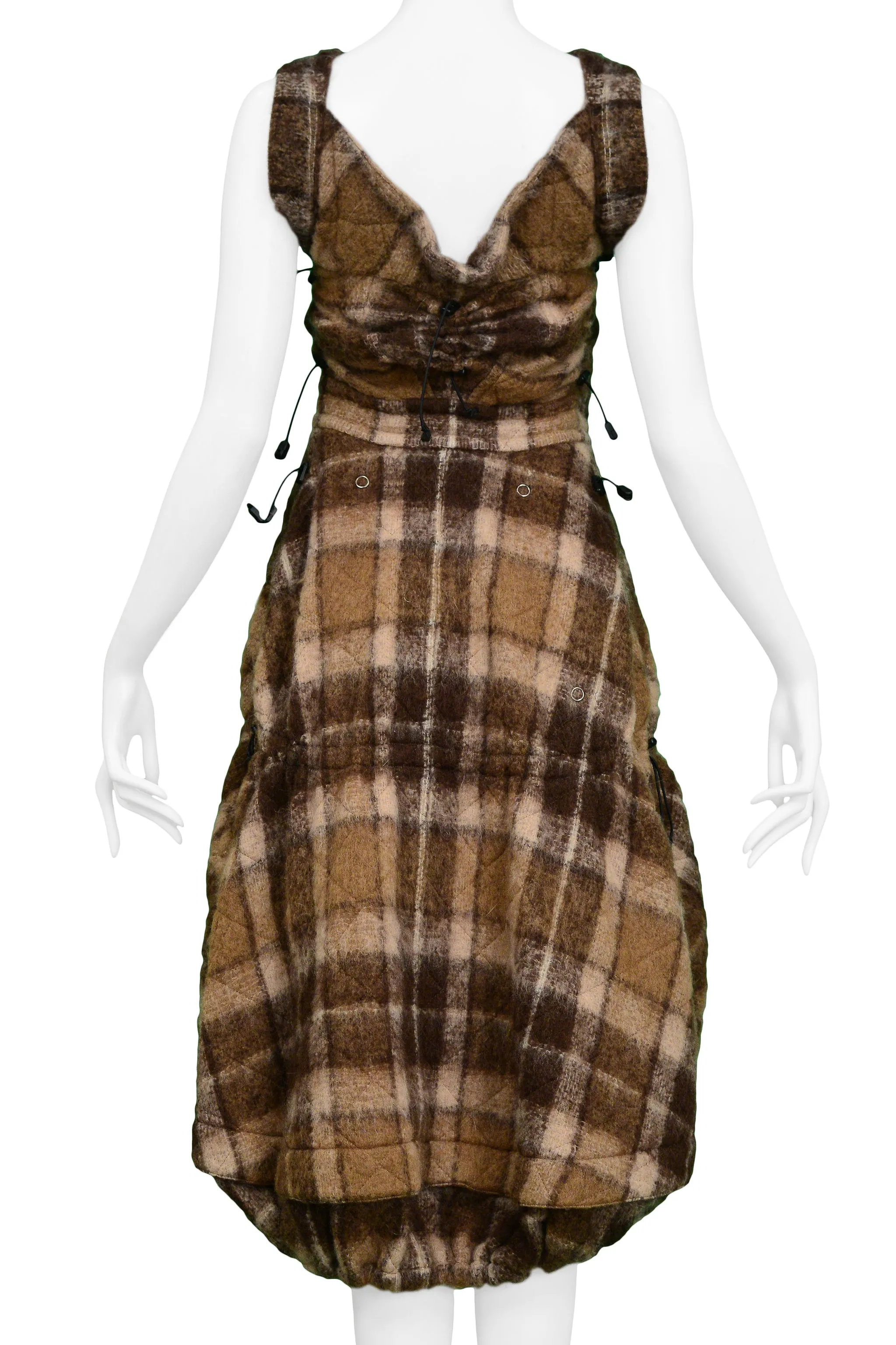 JUNYA WATANABE BROWN PLAID WOOL DRAWSTRING DRESS 2005