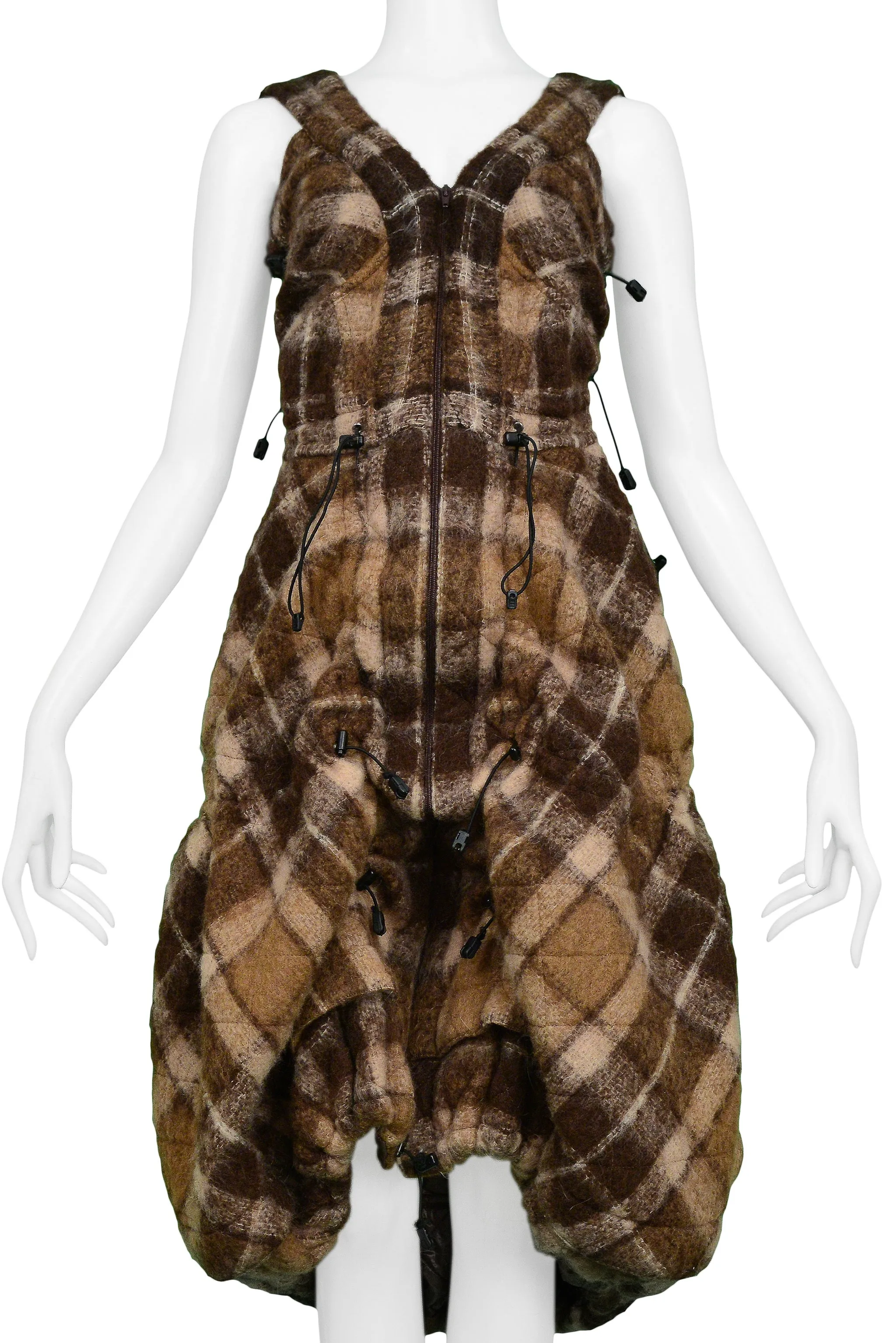 JUNYA WATANABE BROWN PLAID WOOL DRAWSTRING DRESS 2005