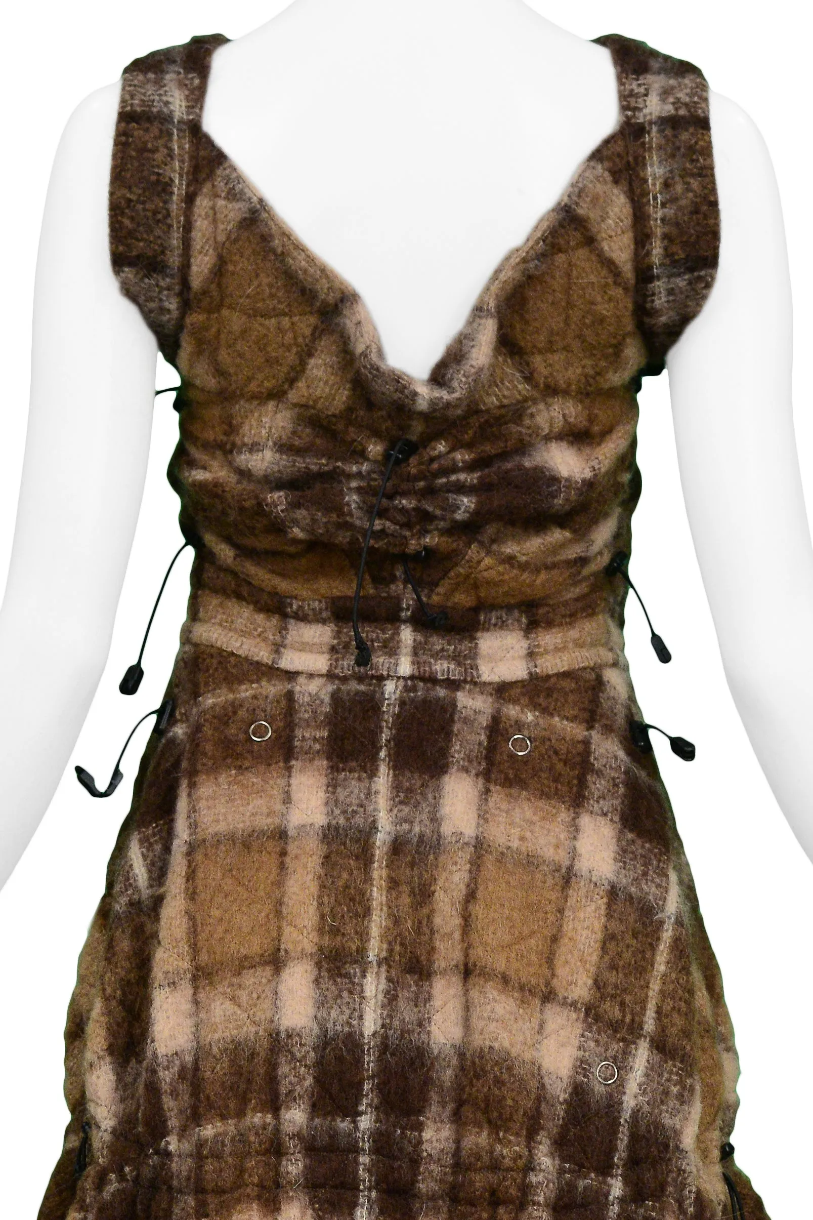 JUNYA WATANABE BROWN PLAID WOOL DRAWSTRING DRESS 2005