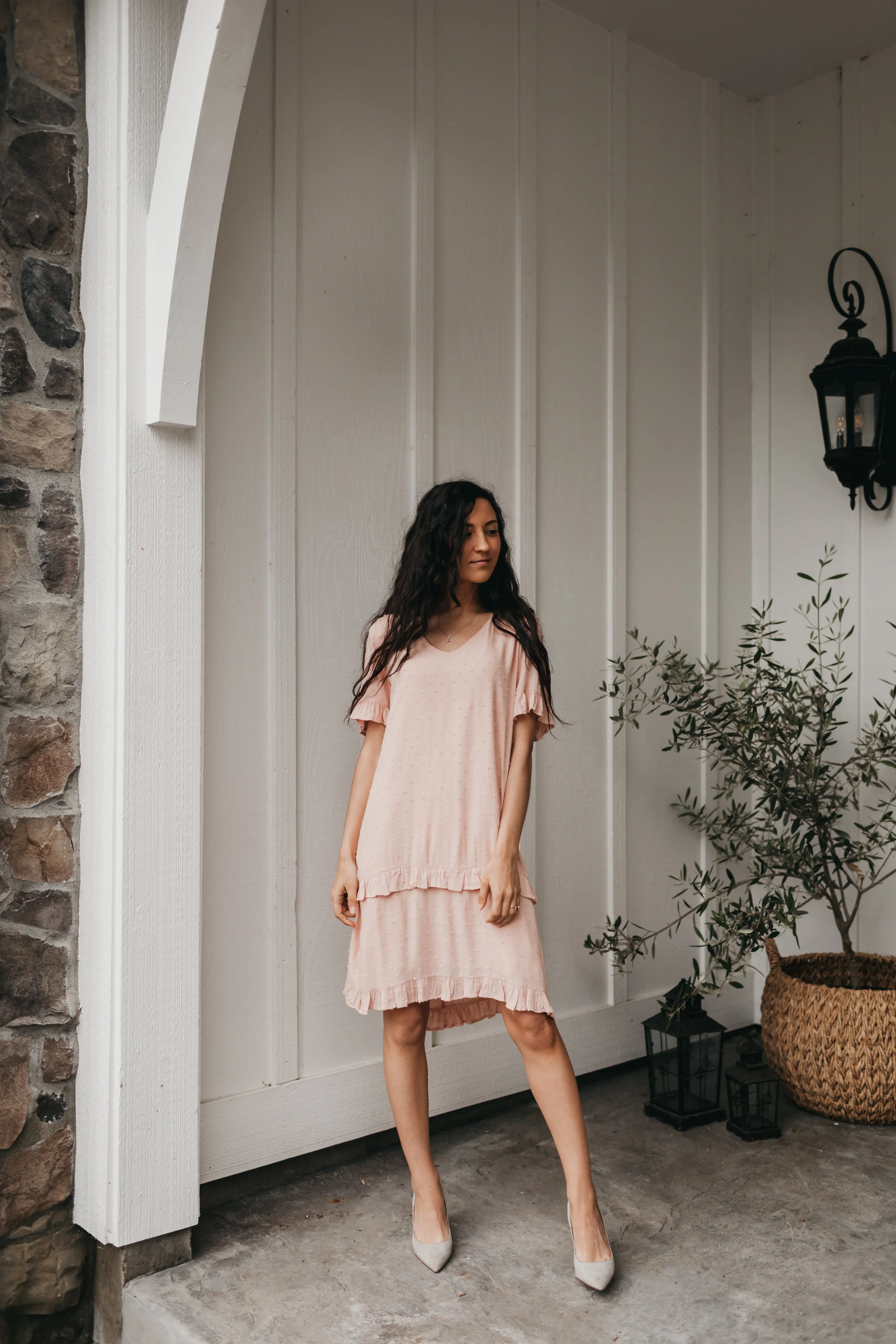 Kaylee Swiss Dot Flare Dress in Peach