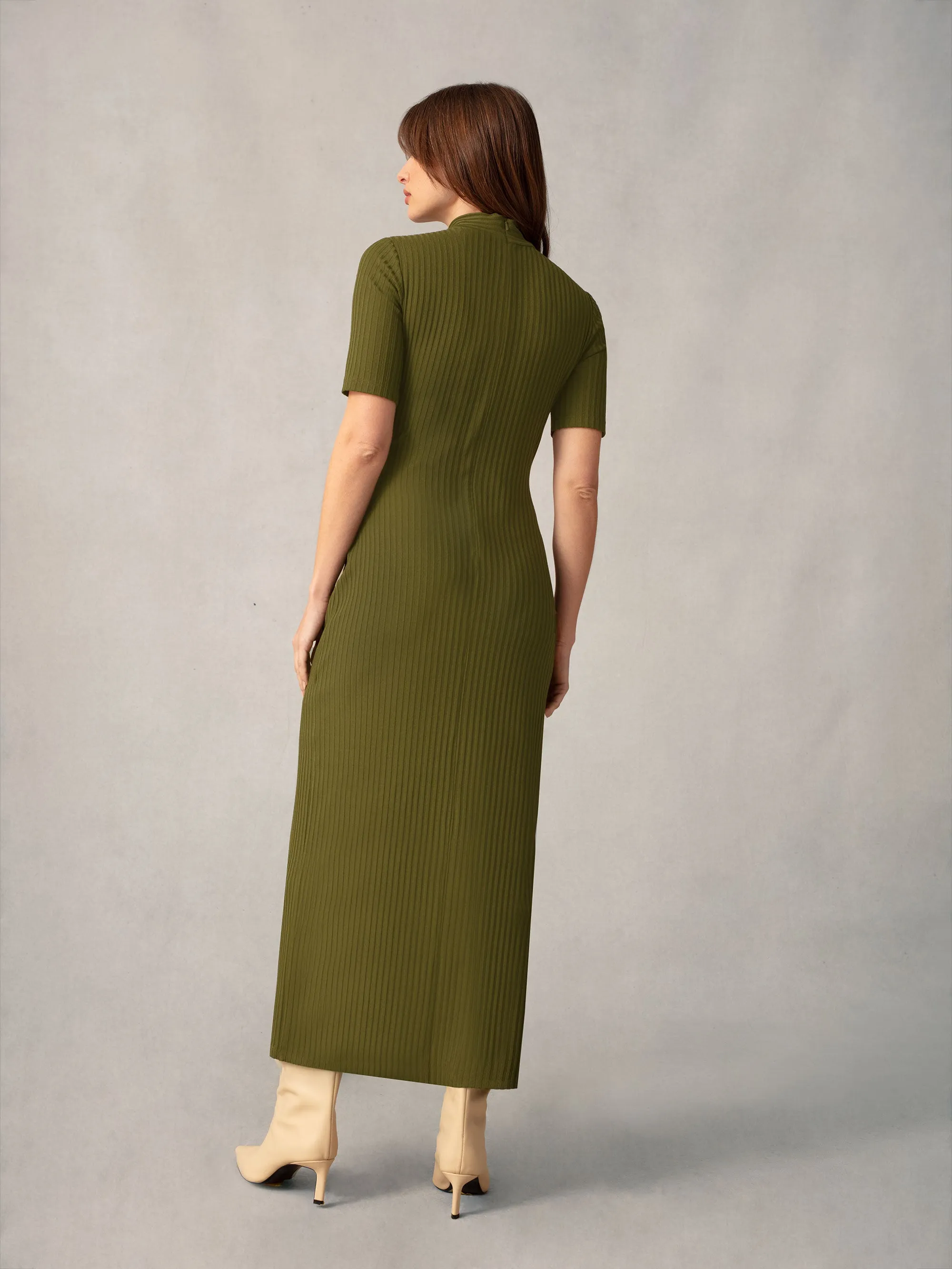 Khaki Ribbed Split Front Dress