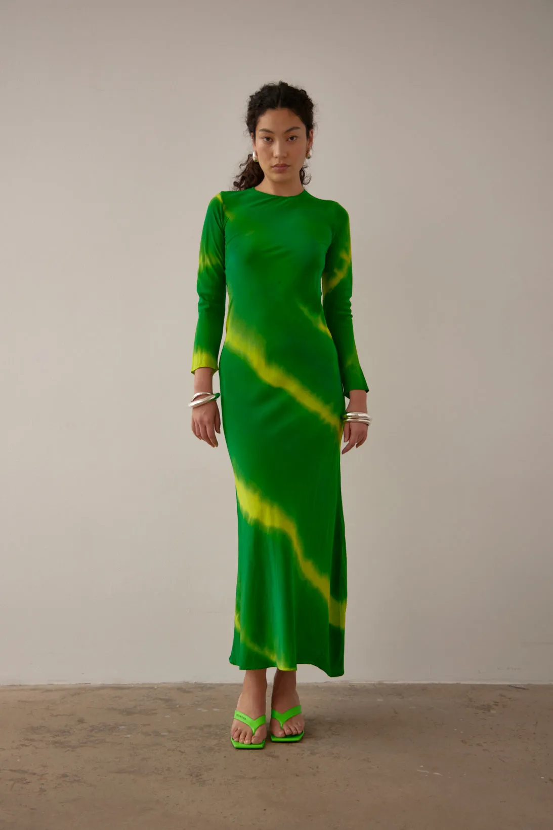 LEONG LONG SLEEVE DRESS- GREEN HAND PAINTED SILK SATIN