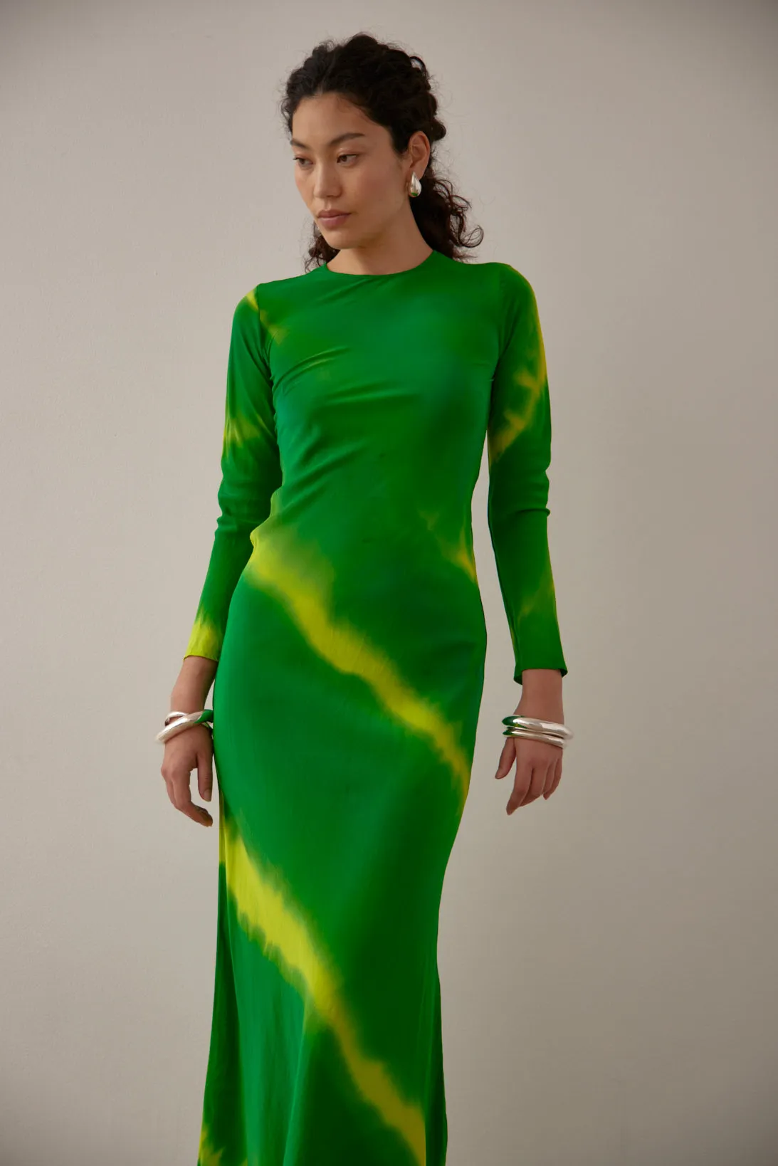 LEONG LONG SLEEVE DRESS- GREEN HAND PAINTED SILK SATIN