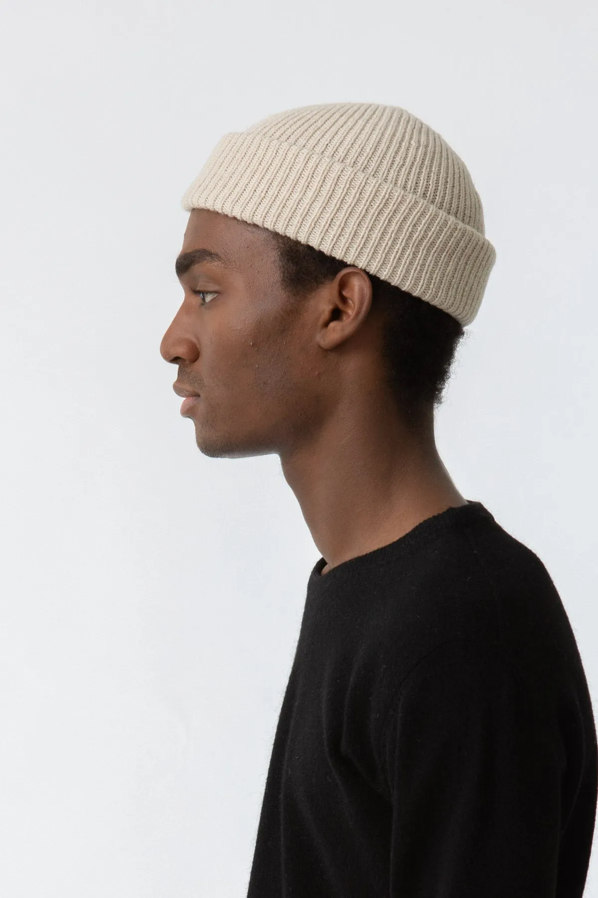 Merino Handknit Rib Hat in Almond White