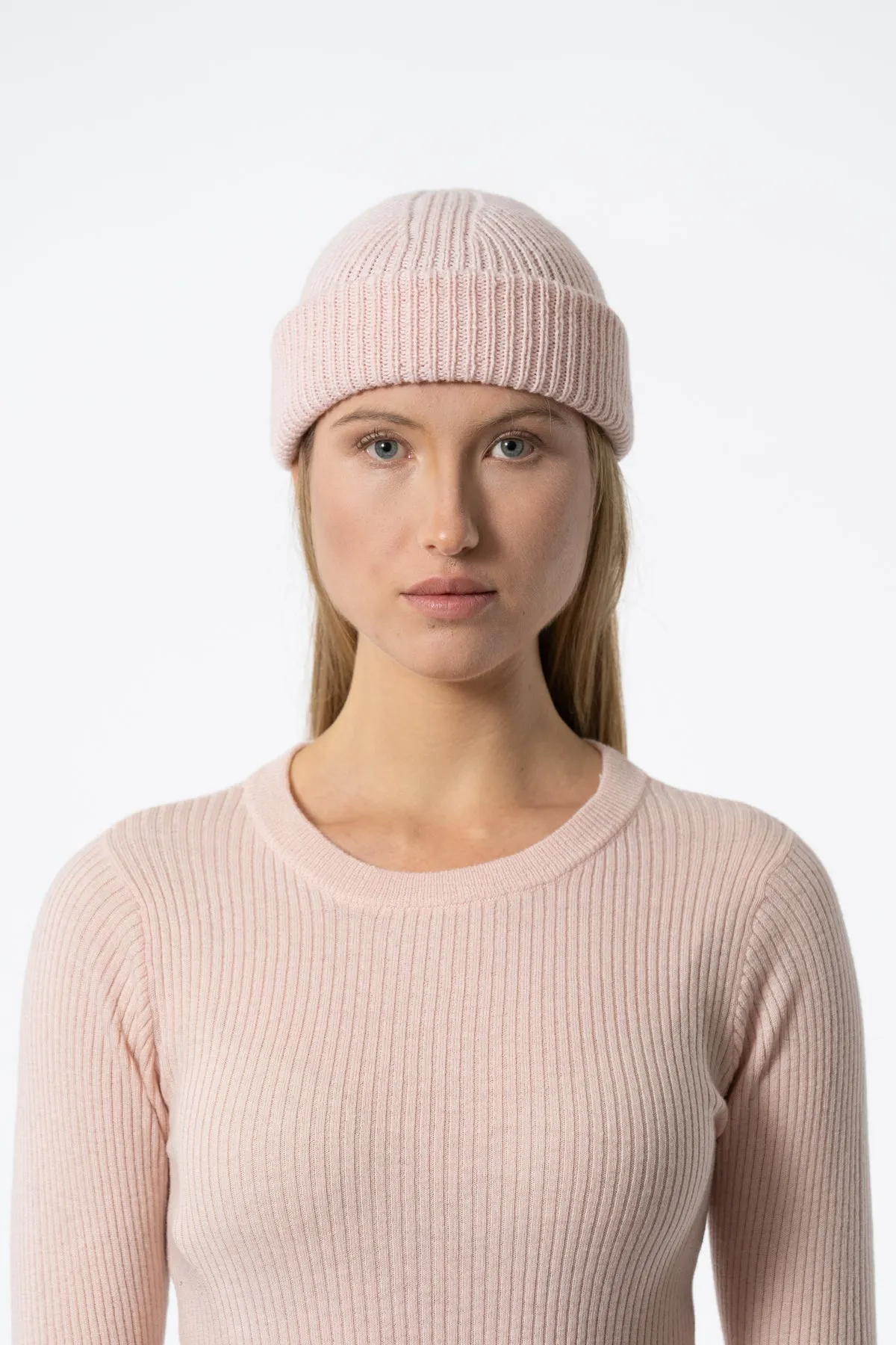 Merino Handknit Rib Hat in Blush Pink