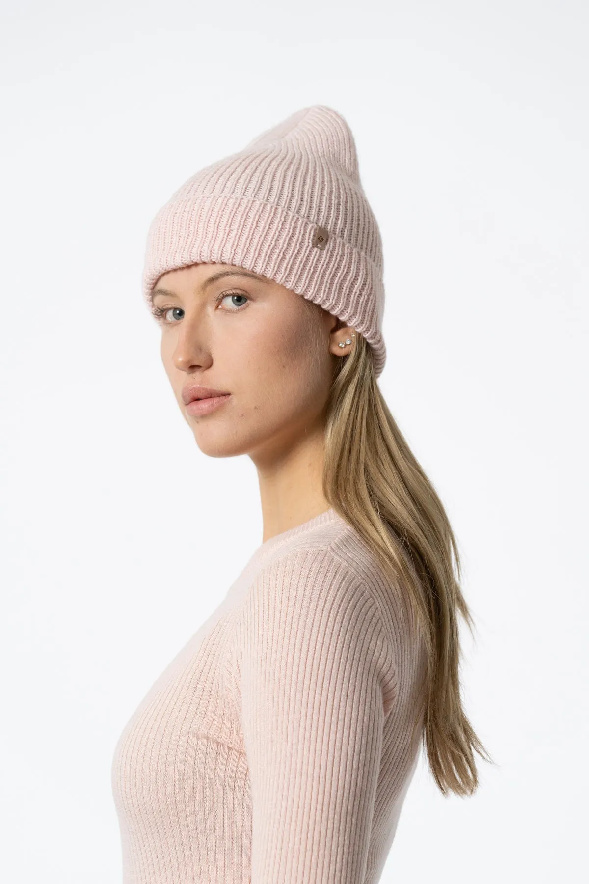 Merino Handknit Rib Hat in Blush Pink