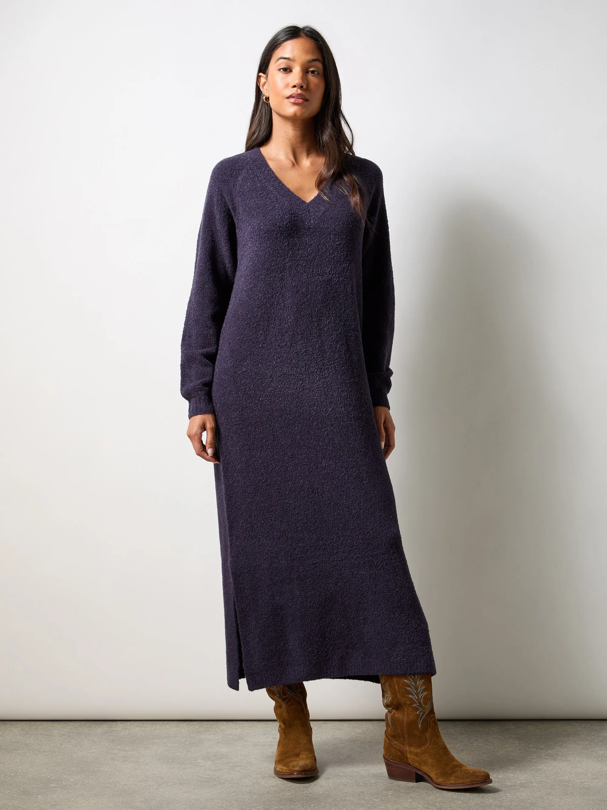 Navy V-Neck Textured Knit Dress