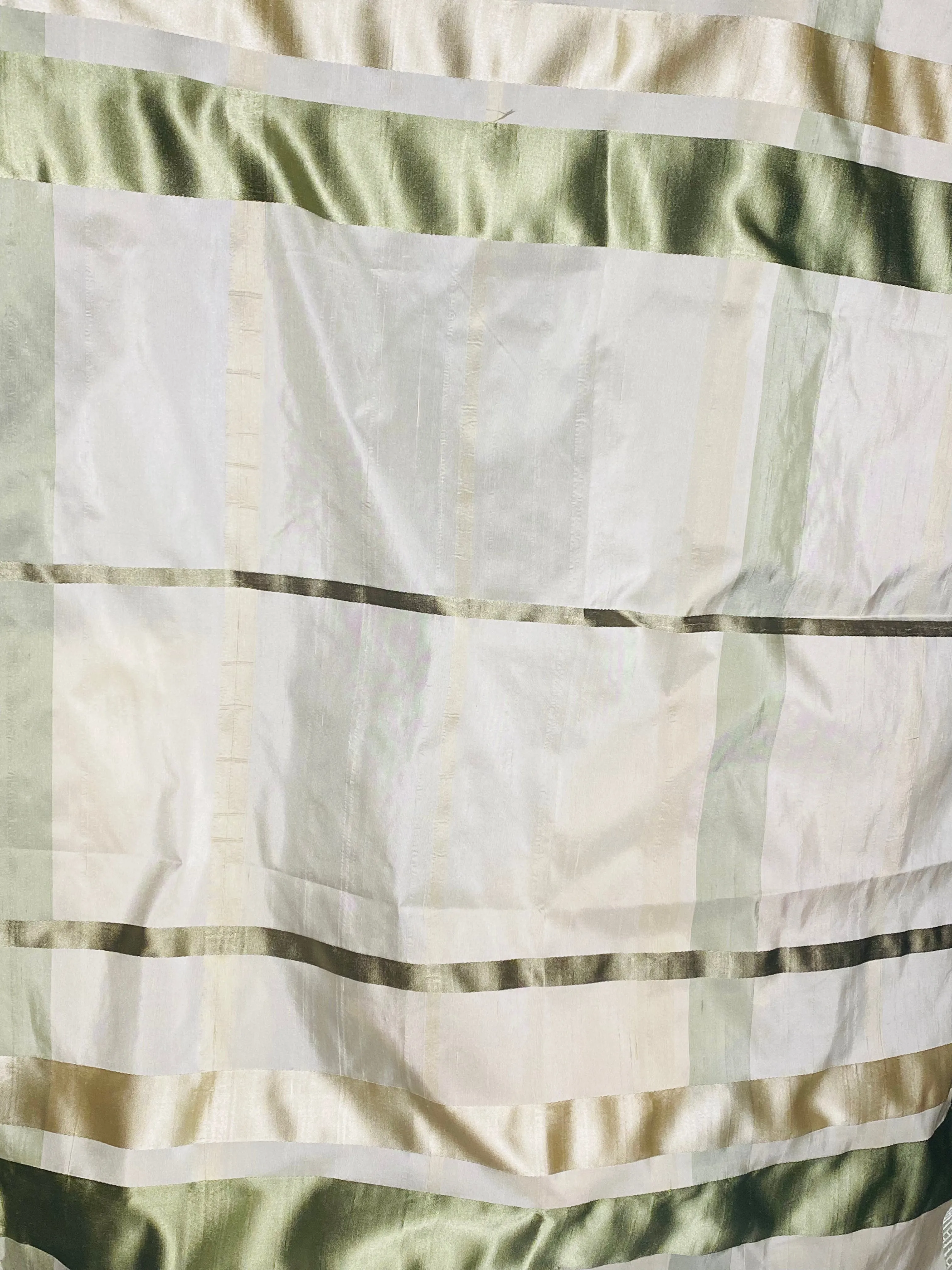 NEW Duchess Philippa 100% Silk Taffeta Plaid Tartan with Satin Ribbon Stripes in Cream and Pistachio SB_6_18