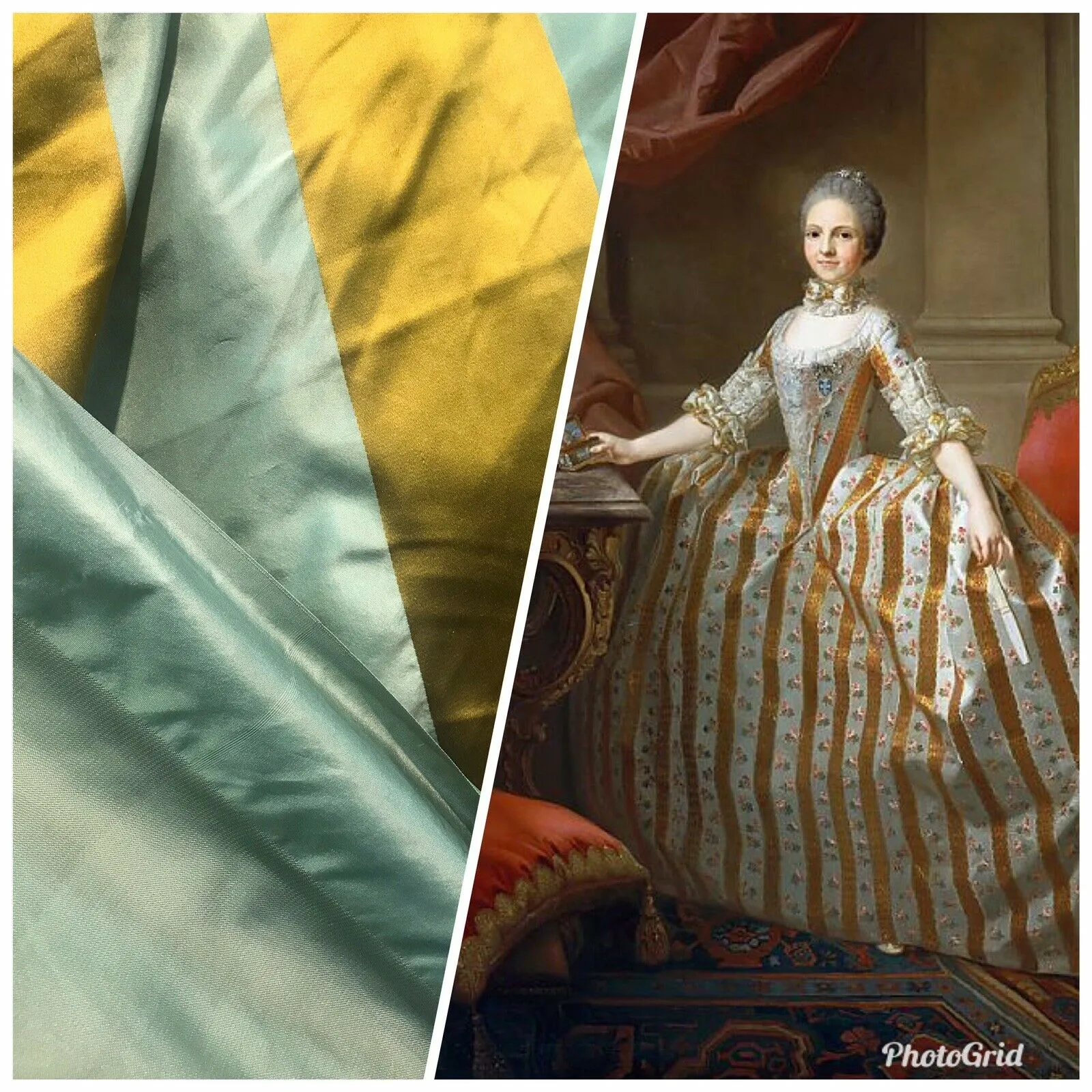 NEW Duchess Zoey Designer 100% Silk Taffeta Dupioni Stripes Fabric - Light Teal & Gold BTY