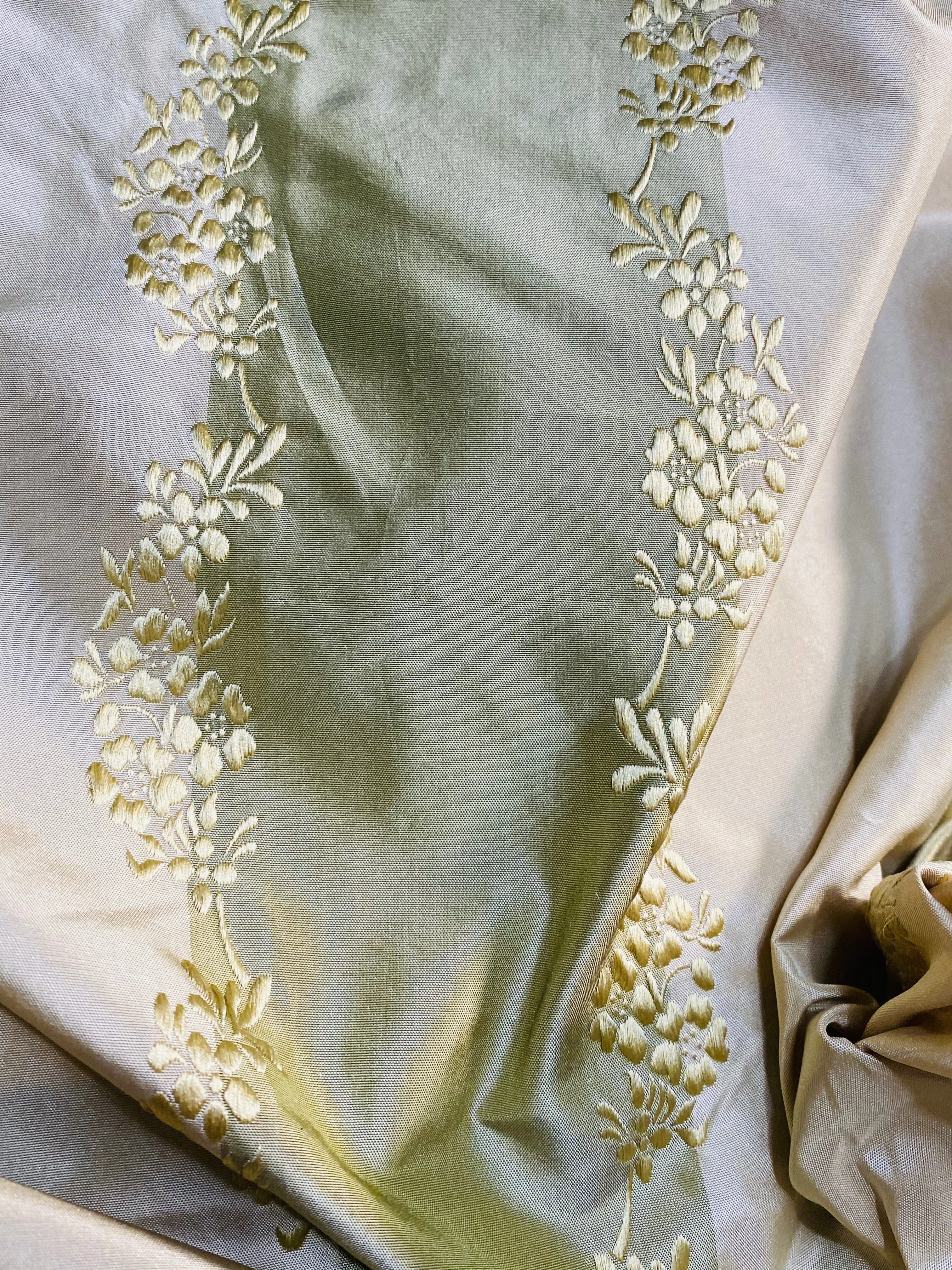 NEW Lady Kristen 100% Silk Taffeta with Embroidery Floral and Stripes Motif in Icy Pistachio Green and Champagne