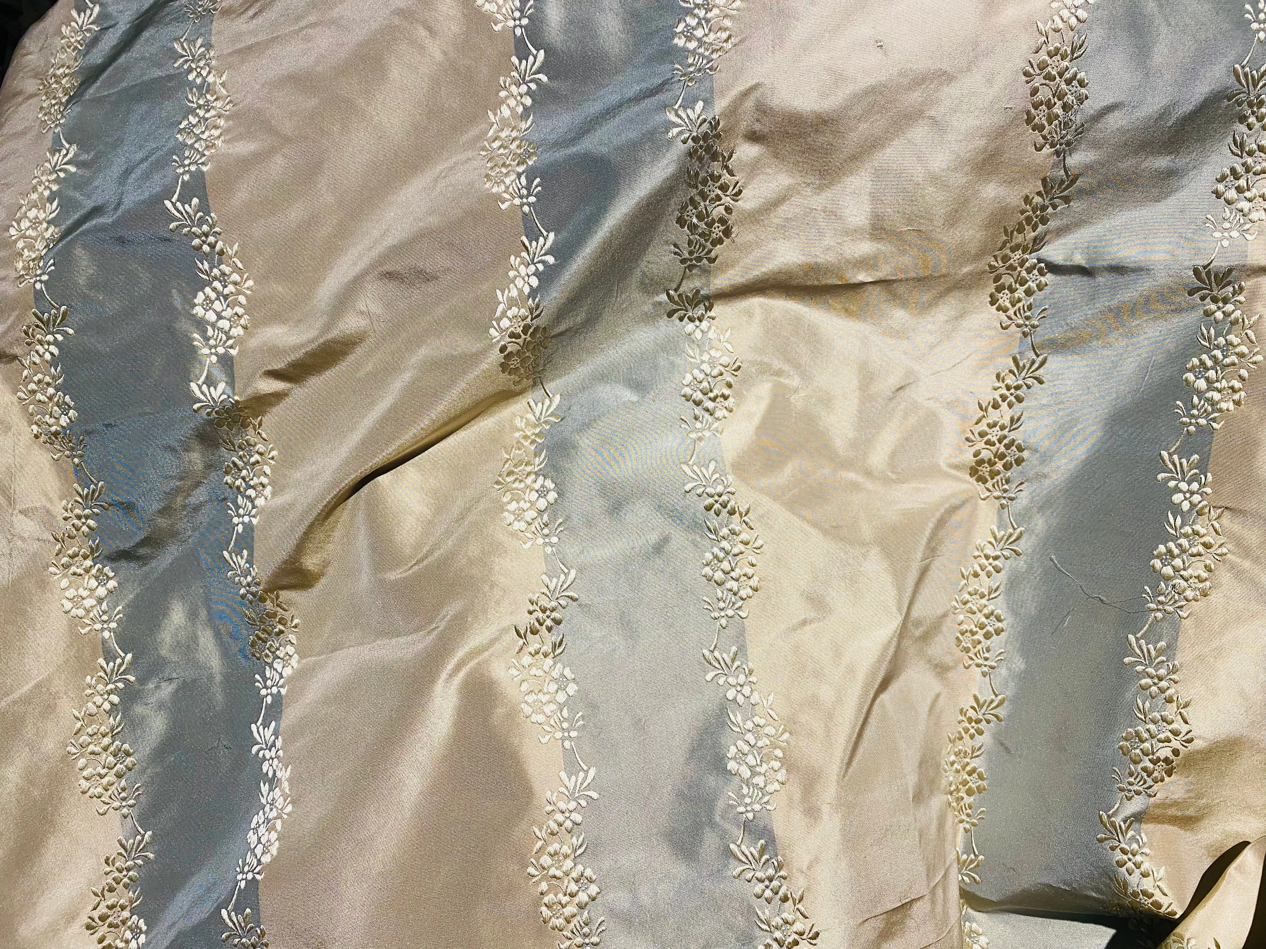 NEW Lady Kristen Designer 100% Silk Taffeta Embroidered Stripe Floral Fabric- Blue & Cream