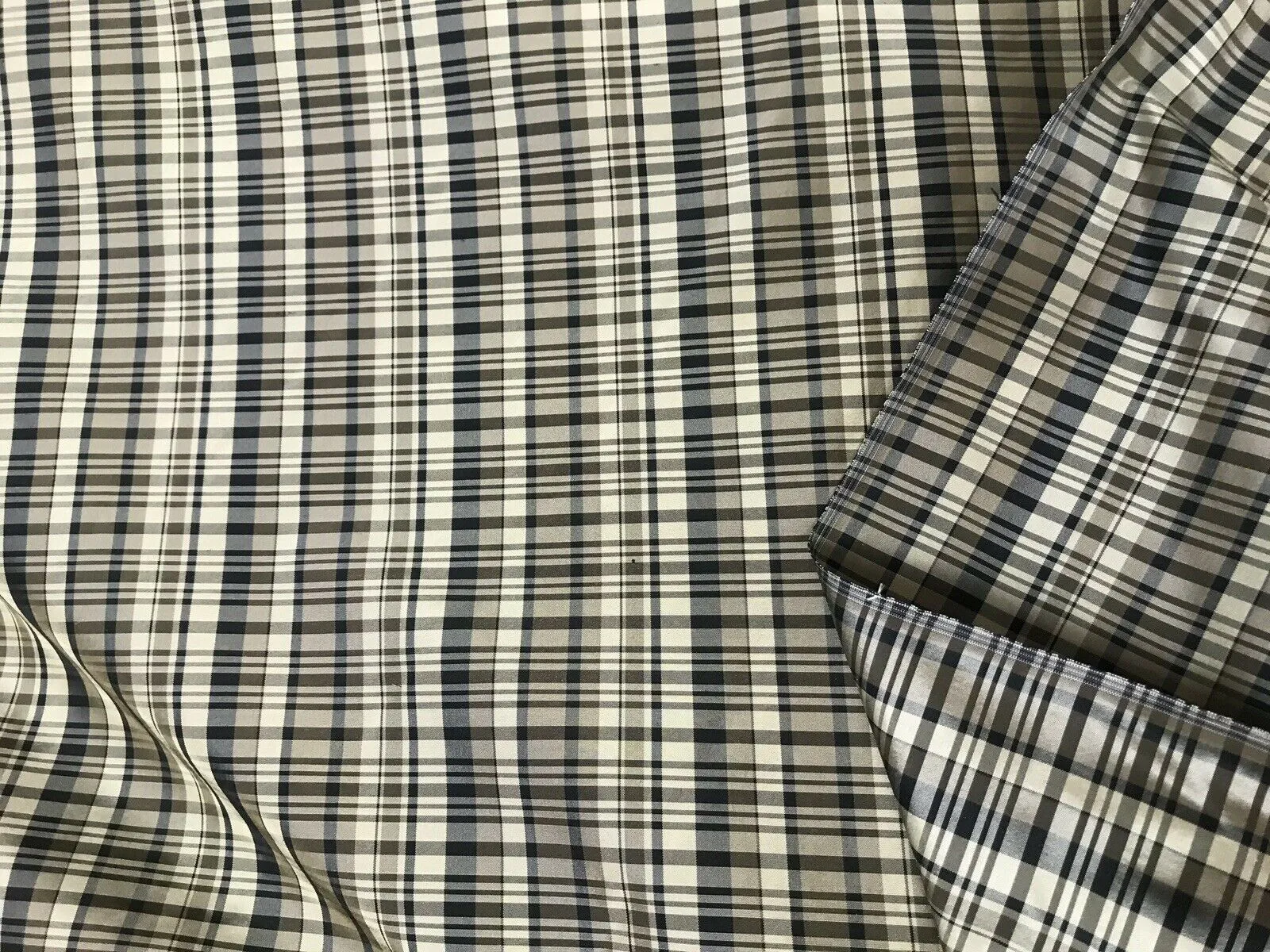 NEW Lady Riley Designer 100% Silk Taffeta Plaid Tartan Fabric- Black Taupe Cream SB_6_38