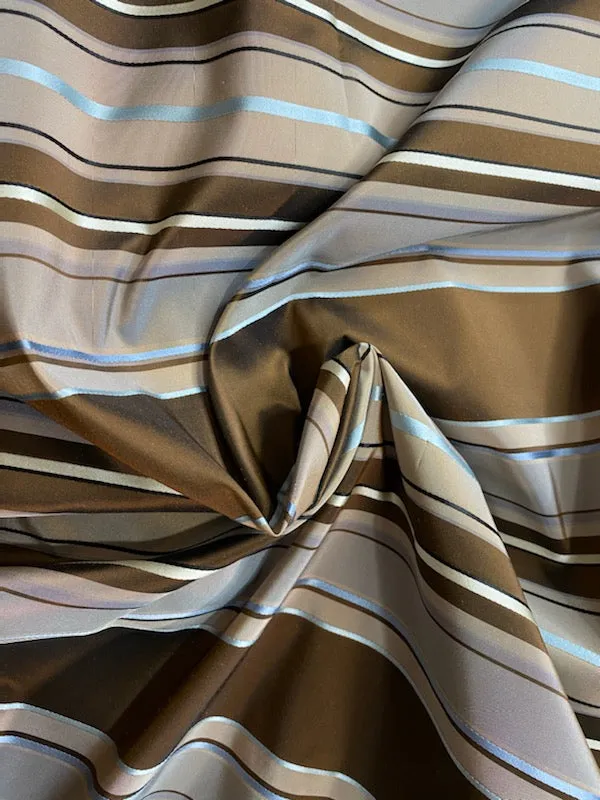 NEW Prince Francis 100% Silk Taffeta Fabric with Brown and Turquoise Blue Stripes