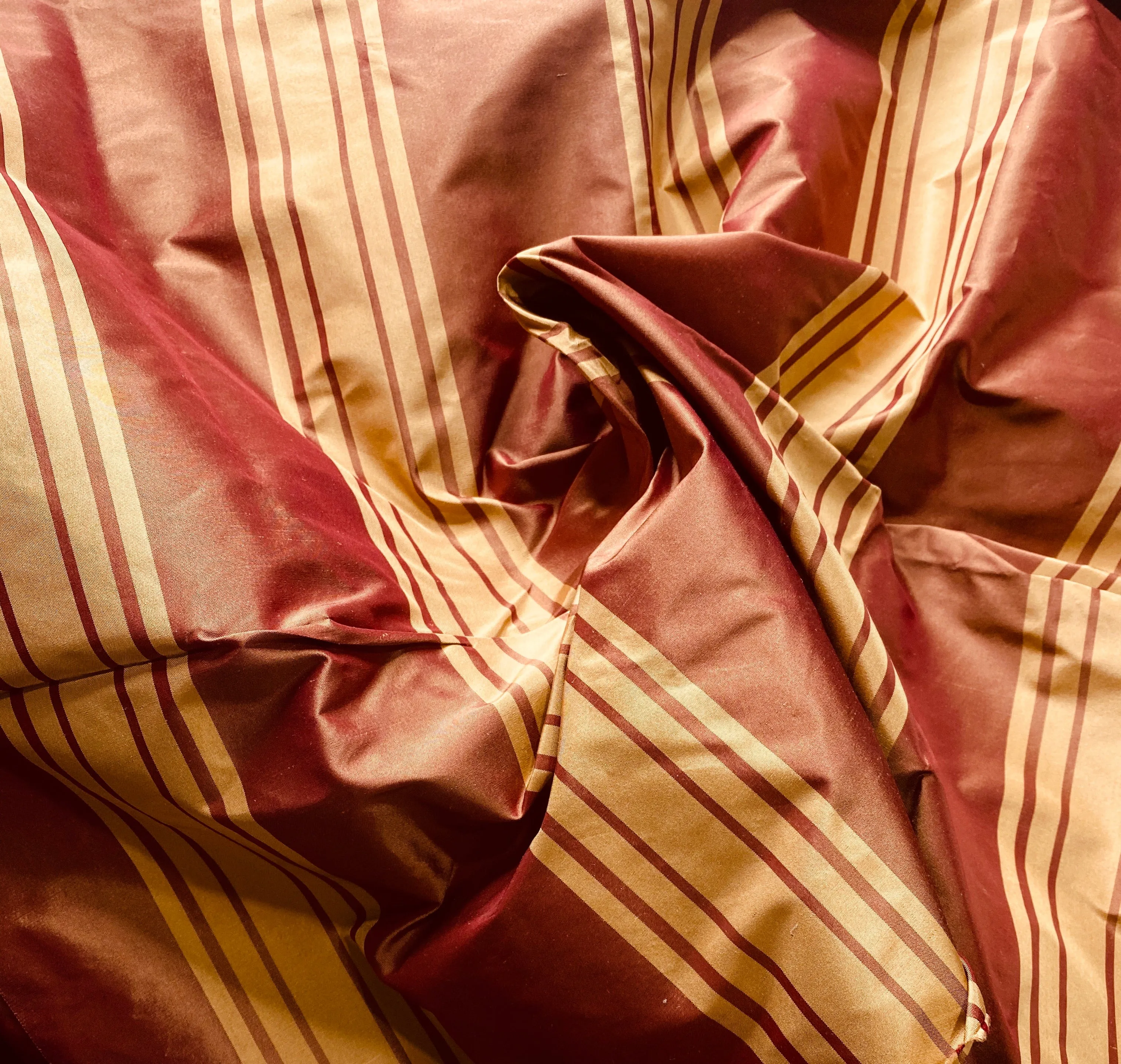 NEW Princess Vanessa Designer 100% Silk Taffeta Fabric -Cinnamon Red & Gold Stripes