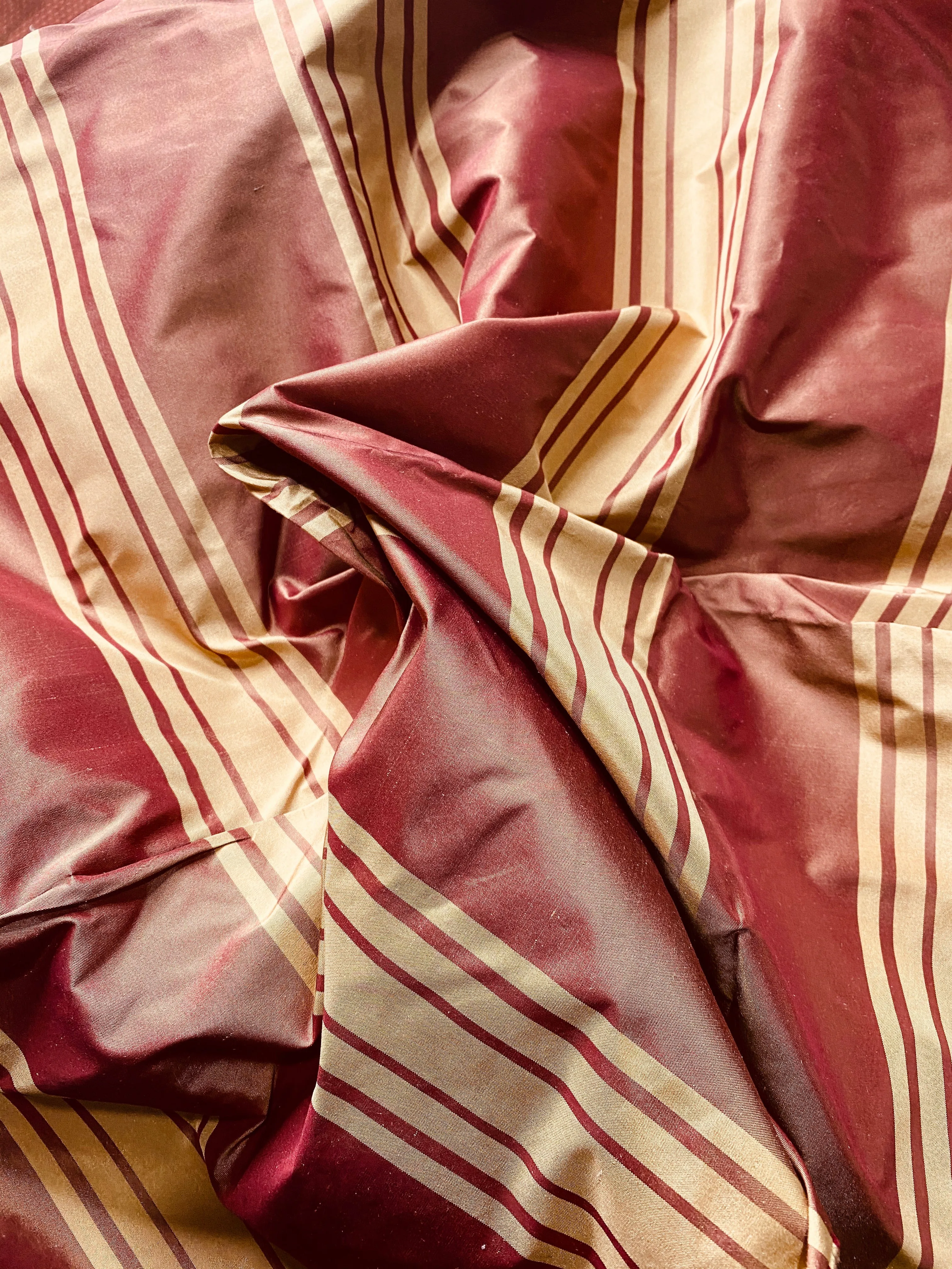 NEW Princess Vanessa Designer 100% Silk Taffeta Fabric -Cinnamon Red & Gold Stripes