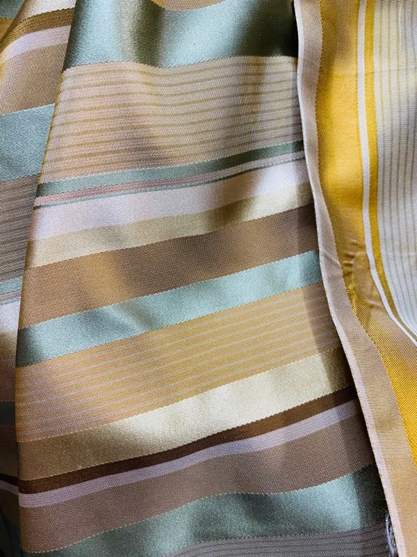 NEW Queen Genevieve 100% Silk Taffeta Fabric with Satin Ribbon Stripes in Brown, Gold, and Turquoise Blue