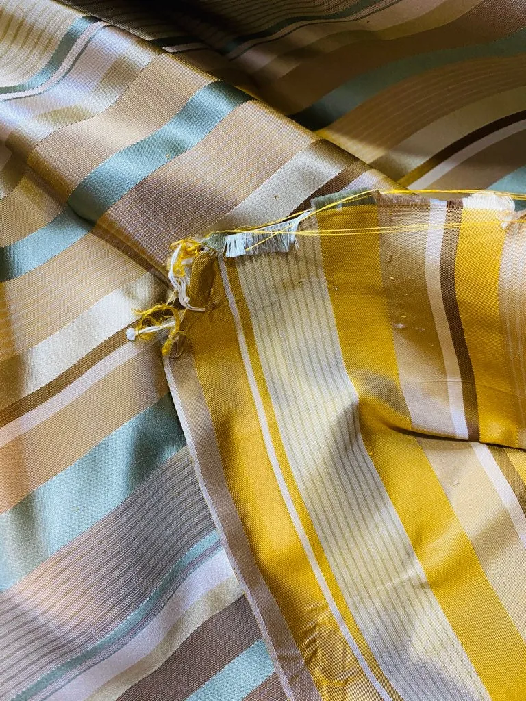 NEW Queen Genevieve 100% Silk Taffeta Fabric with Satin Ribbon Stripes in Brown, Gold, and Turquoise Blue