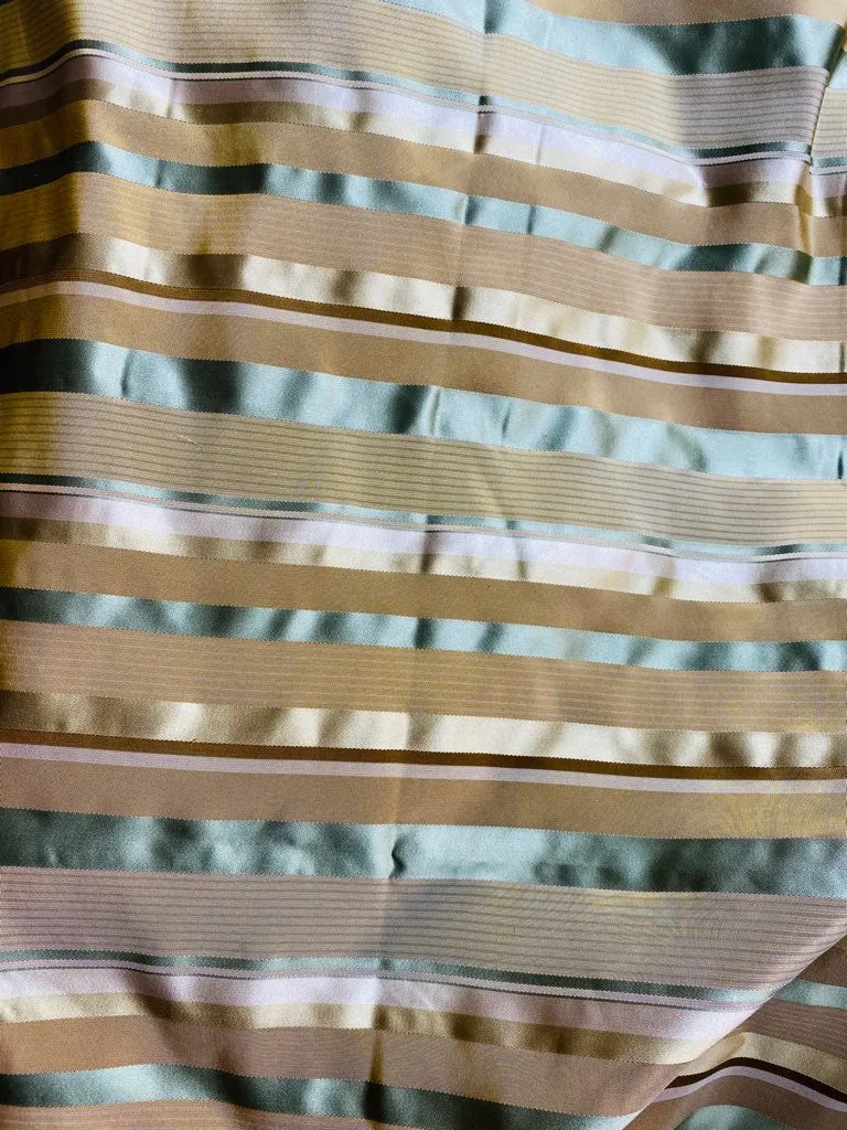 NEW Queen Genevieve 100% Silk Taffeta Fabric with Satin Ribbon Stripes in Brown, Gold, and Turquoise Blue